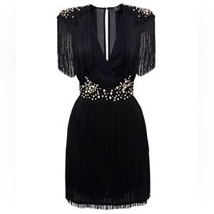 Elisabetta Franchi Fringe Dress with Pearl Accents